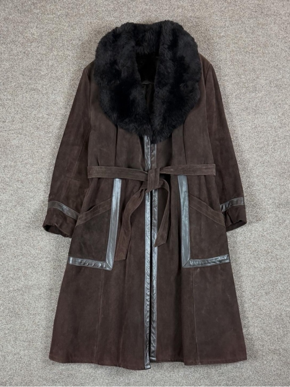 VTG Sears Brown Suede Leather Shearling Lined Belted Penny Lane Coat Women’s M/L
